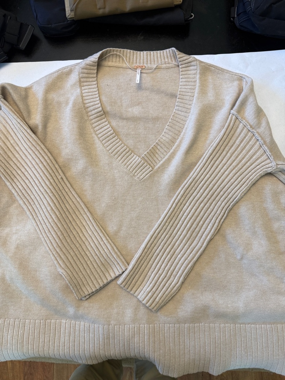 Free People Cream V-Neck Ribbed-Sleeve Sweater